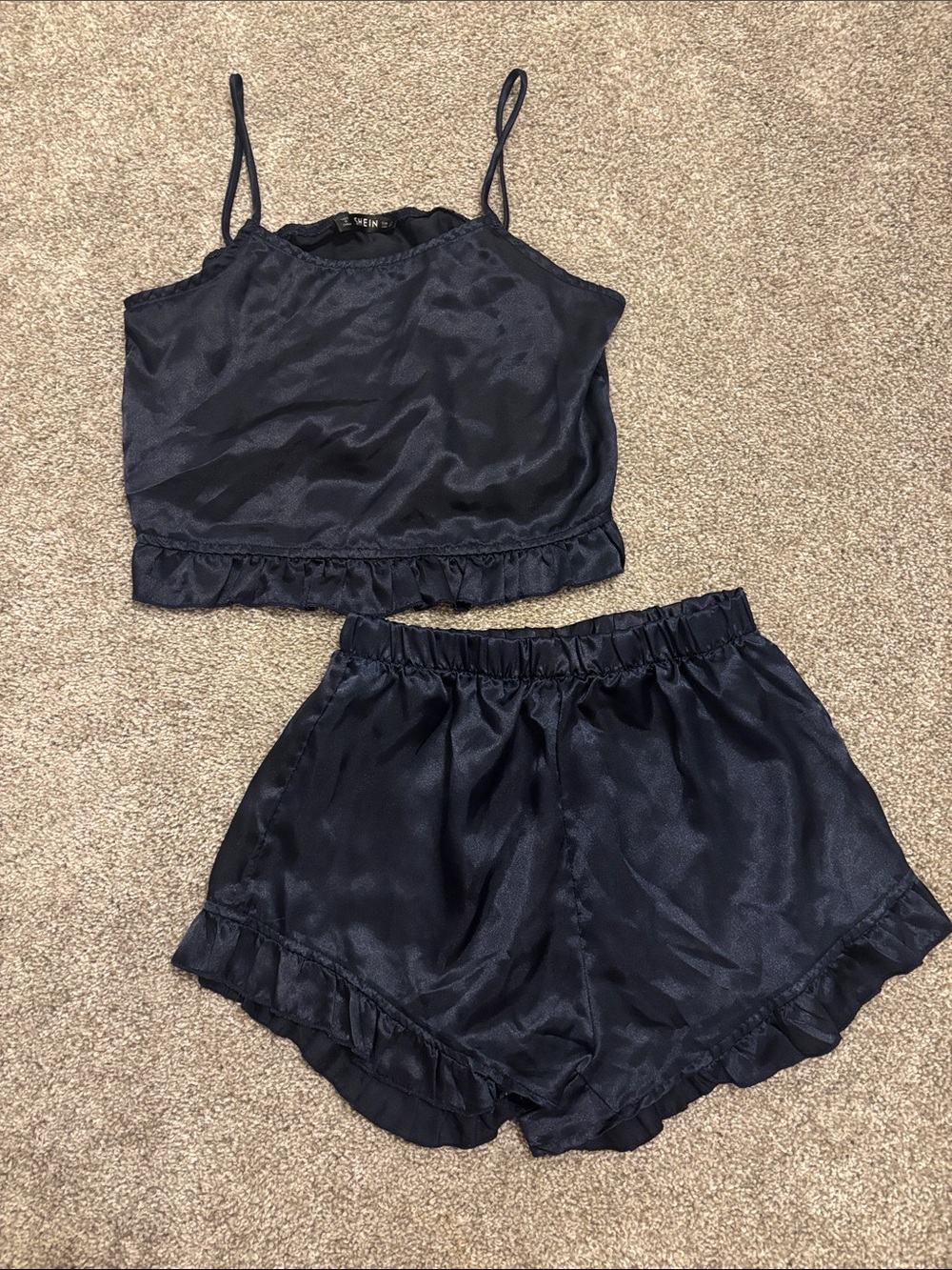 Navy Satin Ruffle Cami & Short Pajama Set